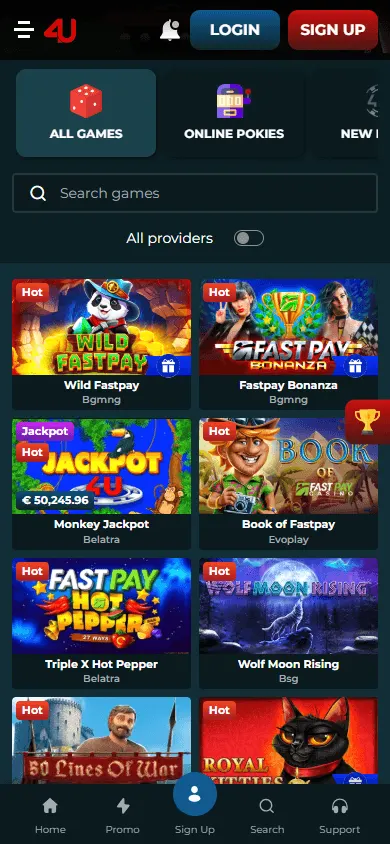 Casino4u games screen on a mobile phone