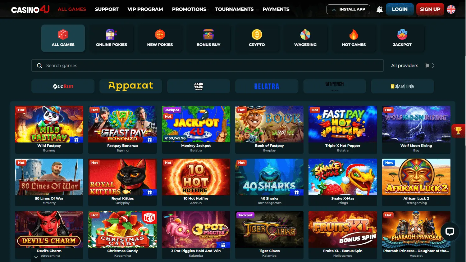 Casino4u games screen on desktop
