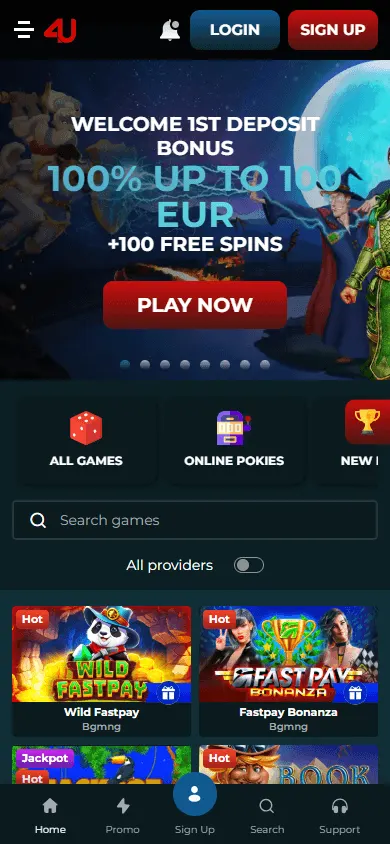 Casino4u home screen on a mobile phone